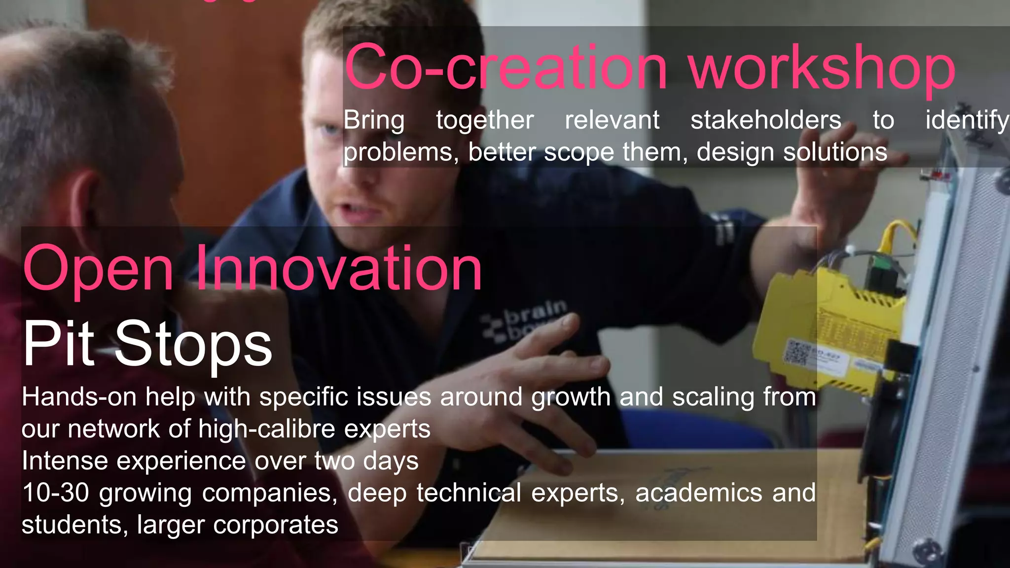 Open Innovation
Pit Stops
Hands-on help with specific issues around growth and scaling from
our network of high-calibre experts
Intense experience over two days
10-30 growing companies, deep technical experts, academics and
students, larger corporates
Co-creation workshop
Bring together relevant stakeholders to identify
problems, better scope them, design solutions
 