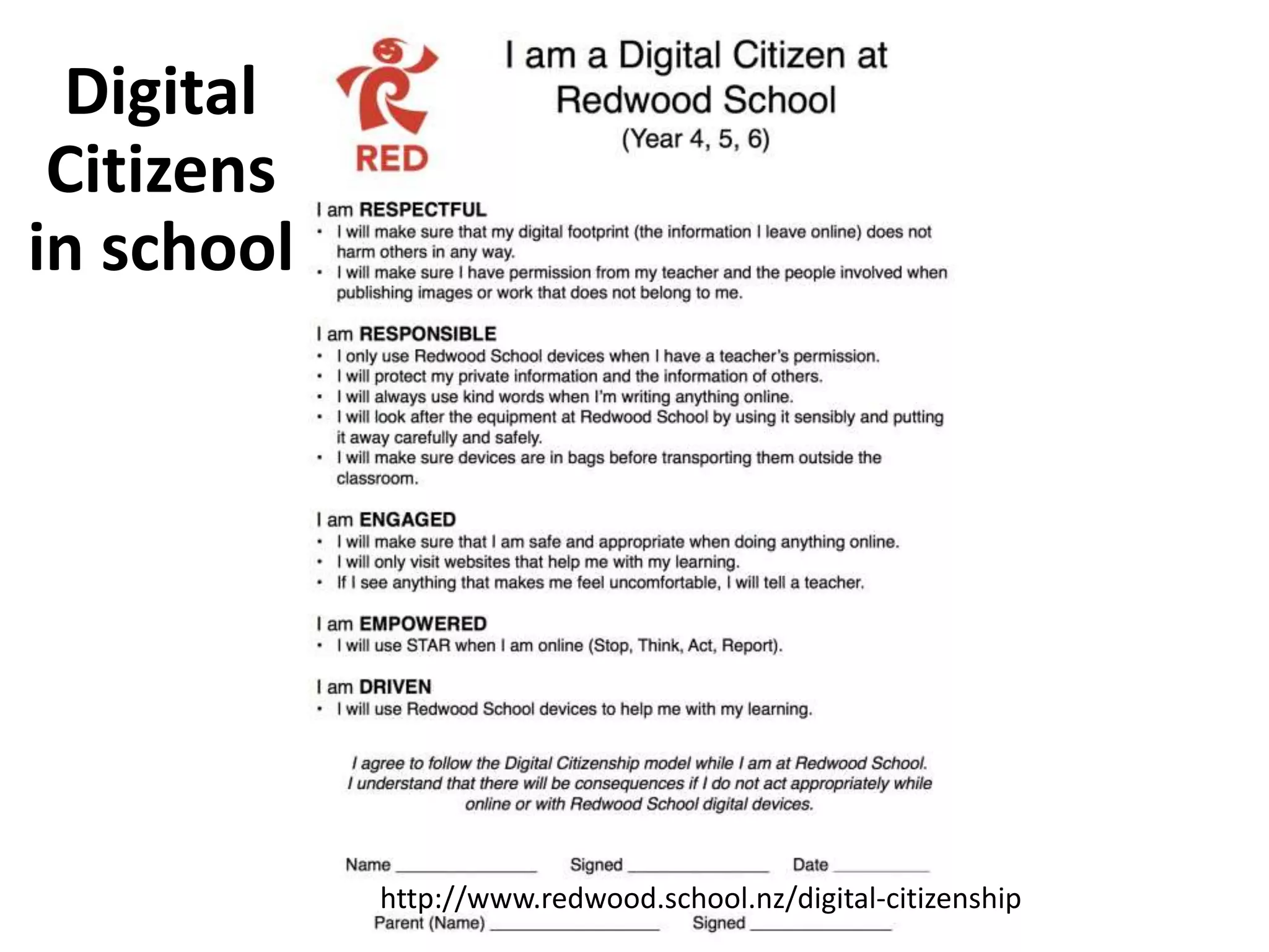 http://www.redwood.school.nz/digital-citizenship
Digital
Citizens
in school
 