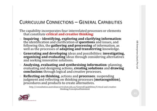 CURRICULUM CONNECTIONS – GENERAL CAPABILITIES
The capability incorporates four interrelated processes or elements
  that c...