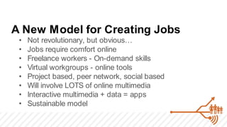 A New Model for Creating Jobs
 •   Not revolutionary, but obvious…
 •   Jobs require comfort online
 •   Freelance workers - On-demand skills
 •   Virtual workgroups - online tools
 •   Project based, peer network, social based
 •   Will involve LOTS of online multimedia
 •   Interactive multimedia + data = apps
 •   Sustainable model
 