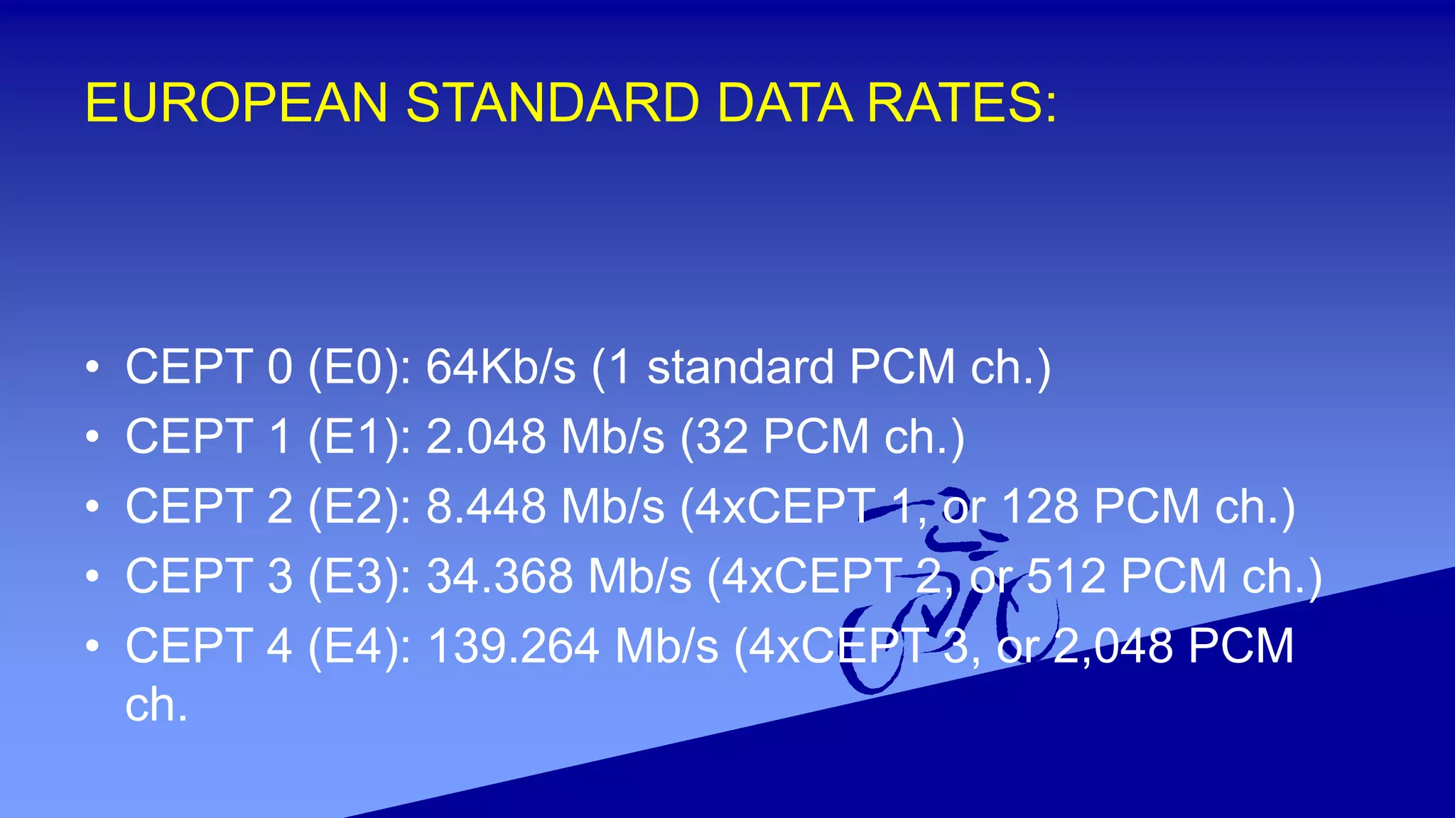 EUROPEAN STANDARD DATA RATES:
• CEPT 0 (E0): 64Kb/s (1 standard PCM ch.)
• CEPT 1 (E1): 2.048 Mb/s (32 PCM ch.)
• CEPT 2 (E2): 8.448 Mb/s (4xCEPT 1, or 128 PCM ch.)
• CEPT 3 (E3): 34.368 Mb/s (4xCEPT 2, or 512 PCM ch.)
• CEPT 4 (E4): 139.264 Mb/s (4xCEPT 3, or 2,048 PCM
ch.
 