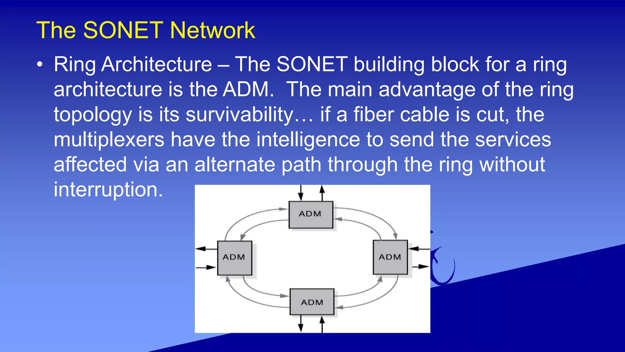 The SONET Network
• Ring Architecture – The SONET building block for a ring
architecture is the ADM. The main advantage of the ring
topology is its survivability… if a fiber cable is cut, the
multiplexers have the intelligence to send the services
affected via an alternate path through the ring without
interruption.
 
