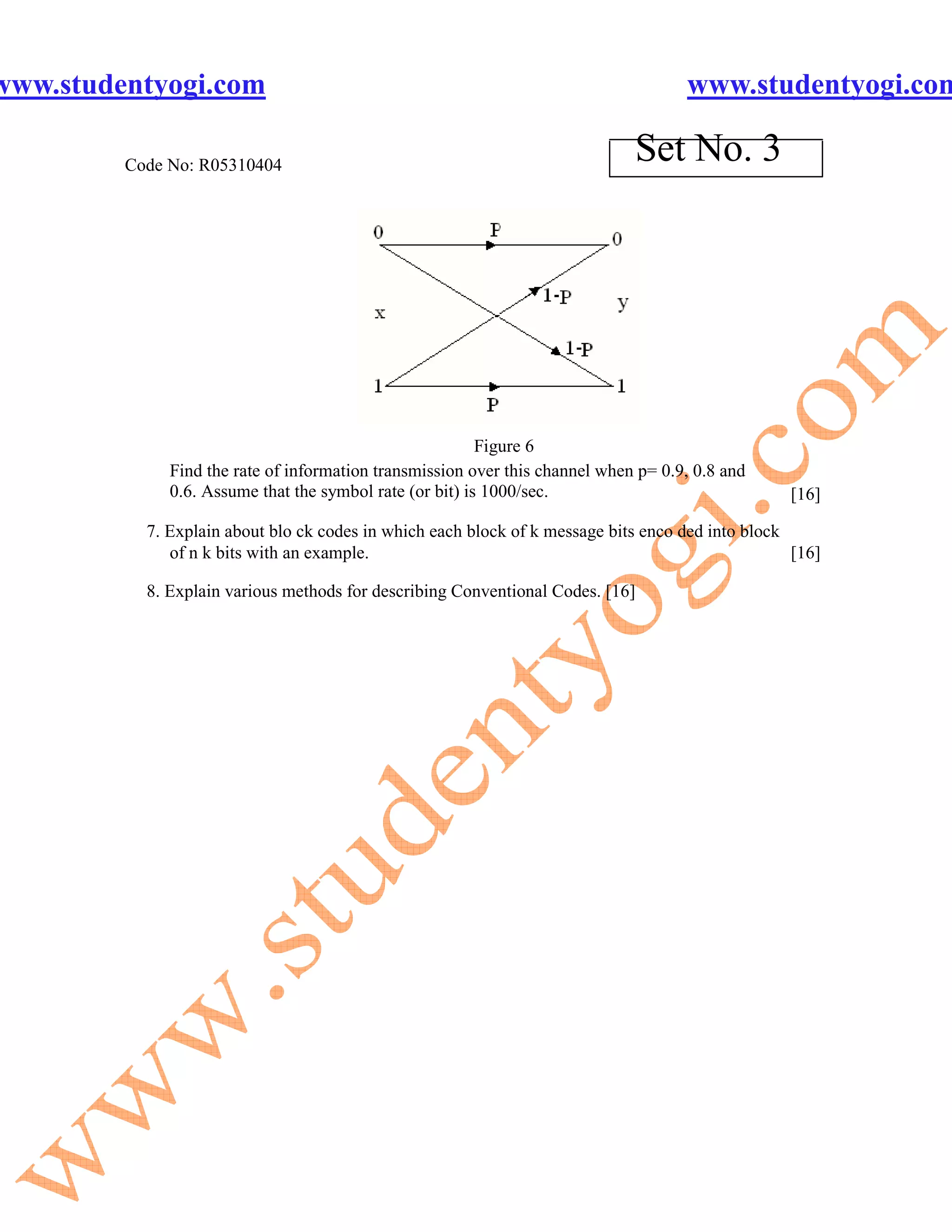 www.studentyogi.com                                                                  www.studentyogi.com

         Code No: R05310404
                                                                              Set No. 3




                                                          Figure 6
              Find the rate of information transmission over this channel when p= 0.9, 0.8 and
              0.6. Assume that the symbol rate (or bit) is 1000/sec.                              [16]

           7. Explain about blo ck codes in which each block of k message bits enco ded into block
              of n k bits with an example.                                                         [16]

           8. Explain various methods for describing Conventional Codes. [16]
 