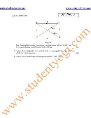 www.studentyogi.com                                                                  www.studentyogi.com

         Code No: R05310404
                                                                              Set No. 3




                                                          Figure 6
              Find the rate of information transmission over this channel when p= 0.9, 0.8 and
              0.6. Assume that the symbol rate (or bit) is 1000/sec.                              [16]

           7. Explain about blo ck codes in which each block of k message bits enco ded into block
              of n k bits with an example.                                                         [16]

           8. Explain various methods for describing Conventional Codes. [16]
 