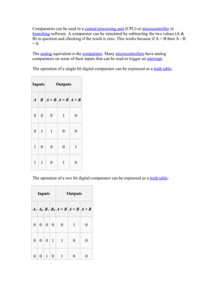 Comparators can be used in a central processing unit (CPU) or microcontroller in
branching software. A comparator can be simulated by subtracting the two values (A &
B) in question and checking if the result is zero. This works because if A = B then A - B
= 0.
The analog equivalent is the comparator. Many microcontrollers have analog
comparators on some of their inputs that can be read or trigger an interrupt.
The operation of a single bit digital comparator can be expressed as a truth table:
Inputs Outputs
A B A < B A = B A > B
0 0 0 1 0
0 1 1 0 0
1 0 0 0 1
1 1 0 1 0
The operation of a two bit digital comparator can be expressed as a truth table:
Inputs Outputs
A1 A0 B1 B0 A < B A = B A > B
0 0 0 0 0 1 0
0 0 0 1 1 0 0
0 0 1 0 1 0 0
 
