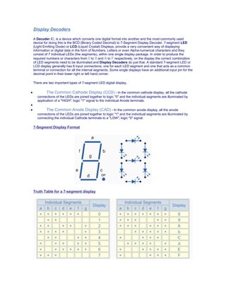 Display Decoders
A Decoder IC, is a device which converts one digital format into another and the most commonly used
device for doing this is the BCD (Binary Coded Decimal) to 7-Segment Display Decoder. 7-segment LED
(Light Emitting Diode) or LCD (Liquid Crystal) Displays, provide a very convenient way of displaying
information or digital data in the form of Numbers, Letters or even Alpha-numerical characters and they
consist of 7 individual LEDs (the segments), within one single display package. In order to produce the
required numbers or characters from 0 to 9 and A to F respectively, on the display the correct combination
of LED segments need to be illuminated and Display Decoders do just that. A standard 7-segment LED or
LCD display generally has 8 input connections, one for each LED segment and one that acts as a common
terminal or connection for all the internal segments. Some single displays have an additional input pin for the
decimal point in their lower right or left hand corner.
There are two important types of 7-segment LED digital display.
• The Common Cathode Display (CCD) - In the common cathode display, all the cathode
connections of the LEDs are joined together to logic "0" and the individual segments are illuminated by
application of a "HIGH", logic "1" signal to the individual Anode terminals.
•
• The Common Anode Display (CAD) - In the common anode display, all the anode
connections of the LEDs are joined together to logic "1" and the individual segments are illuminated by
connecting the individual Cathode terminals to a "LOW", logic "0" signal.
7-Segment Display Format
Truth Table for a 7-segment display
Individual Segments
Display
a b c d e f g
× × × × × × 0
× × 1
× × × × × 2
× × × × × 3
× × × × 4
× × × × × 5
× × × × × × 6
× × × 7
Individual Segments
Display
a b c d e f g
× × × × × × × 8
× × × × × 9
× × × × × × A
× × × × × b
× × × × C
× × × × × d
× × × × × E
× × × × F
 