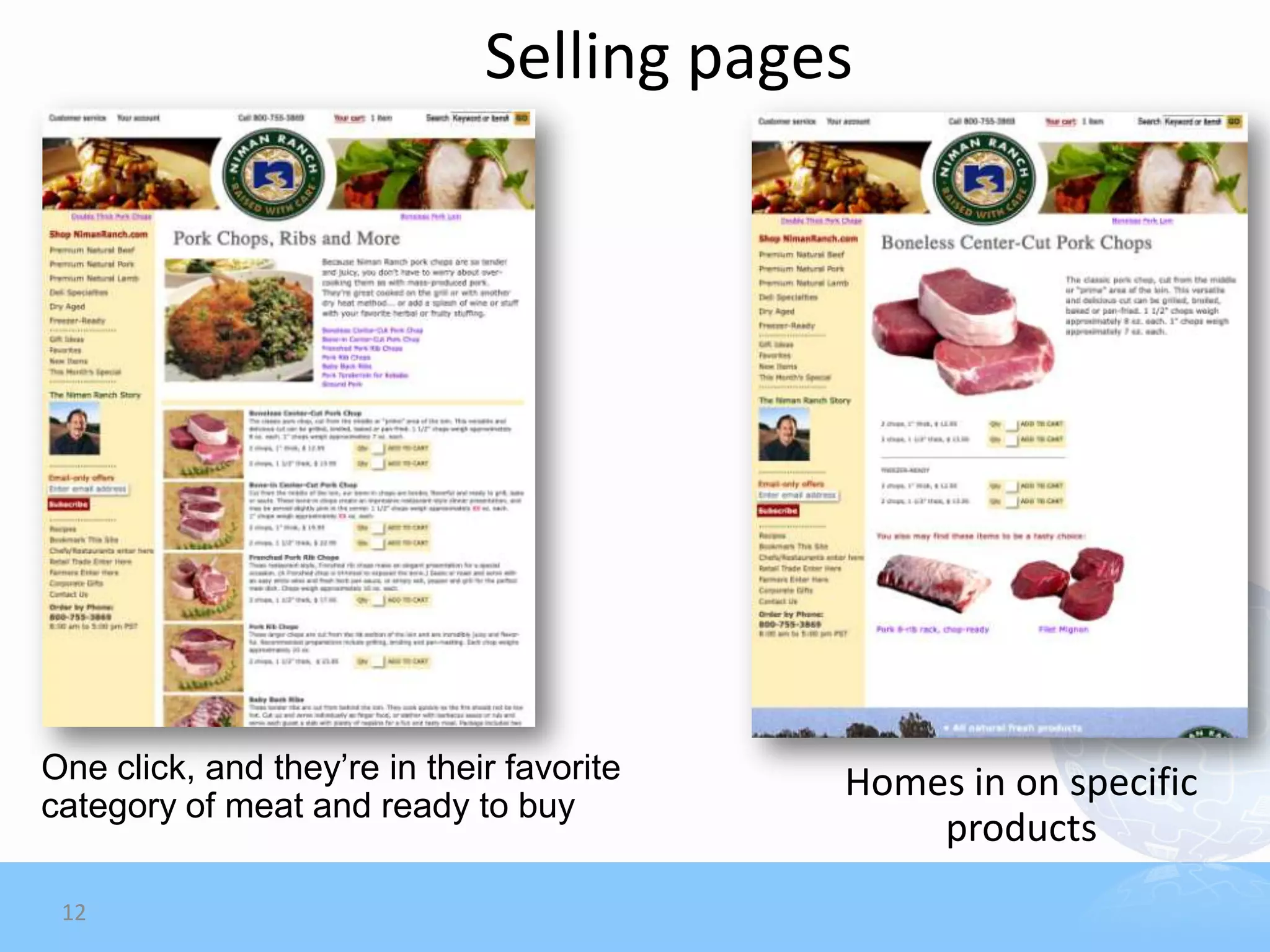 Selling pages




One click, and they’re in their favorite   Homes in on specific
category of meat and ready to buy
                                               products
 12
 