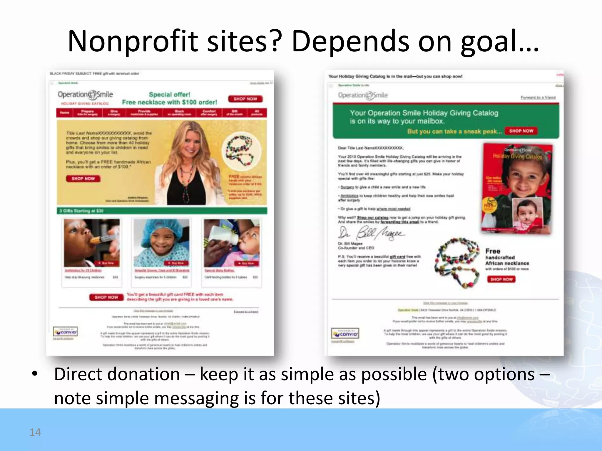 Nonprofit sites? Depends on goal…




• Direct donation – keep it as simple as possible (two options –
  note simple messaging is for these sites)
14
 