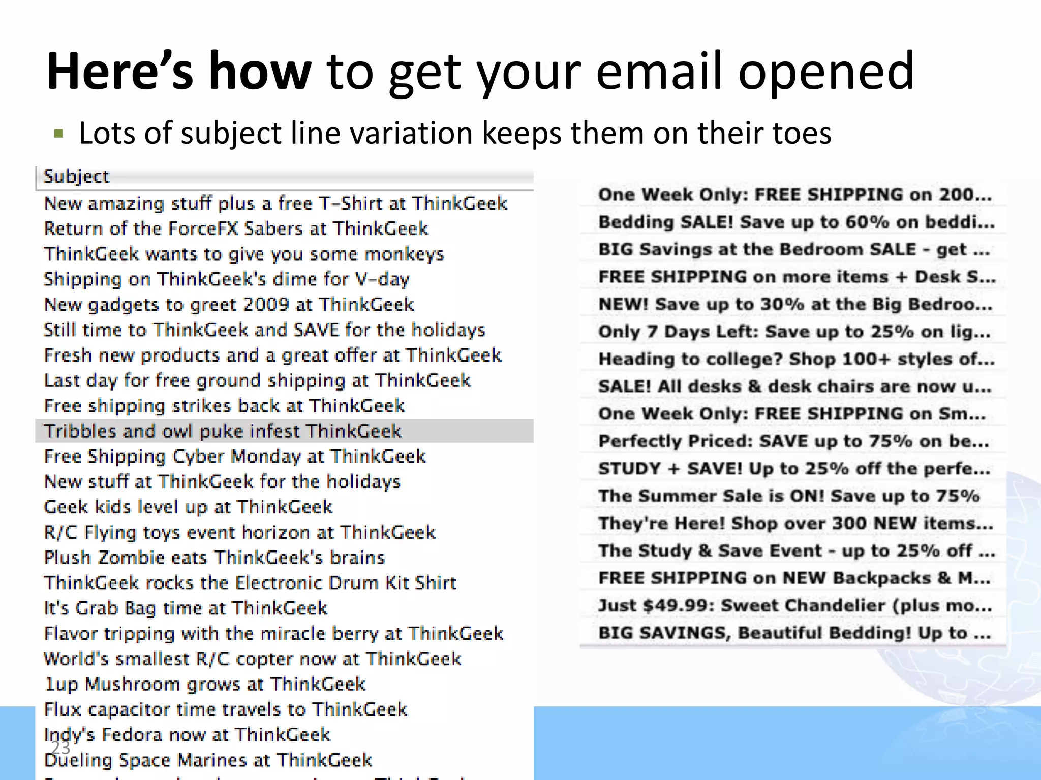 Here’s how to get your email opened
    Lots of subject line variation keeps them on their toes




23
 