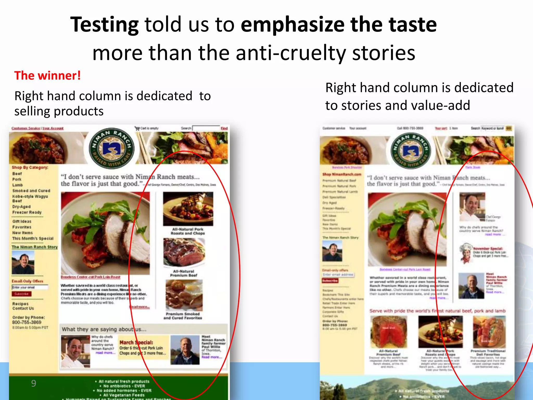 Testing told us to emphasize the taste
           more than the anti-cruelty stories
The winner!
                                    Right hand column is dedicated
Right hand column is dedicated to
selling products                    to stories and value-add




  9
 