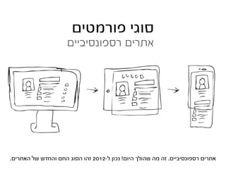 ‫סוגי פורמטים‬
                     ‫אתרים רספונסיביים‬




‫אתרים רספונסיביים. זה מה שהולך היום! נכון ל-2102 זהו הסוג החם והחדש של האתרים.‬
 