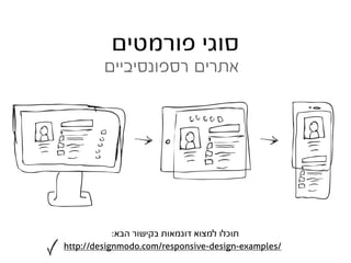 ‫סוגי פורמטים‬
         ‫אתרים רספונסיביים‬




          ‫תוכלו למצוא דוגמאות בקישור הבא:‬
‫/‪http://designmodo.com/responsive-design-examples‬‬
 