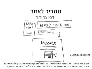 ‫מסביב לאתר‬
                            ‫דפי נחיתה‬




                                                            ‫)‪CTA (Call to action‬‬


‫עיצוב דפי נחיתה הוא מעצמו תורה שלמה. על מנת לעצב דף נחיתה טוב צריך להיות טובים‬
  ‫בעיצוב מונחה “המרה”. הכוונה היא בחירת צבעים גדלים וקופי להעברת המסר השיווקי.‬
 
