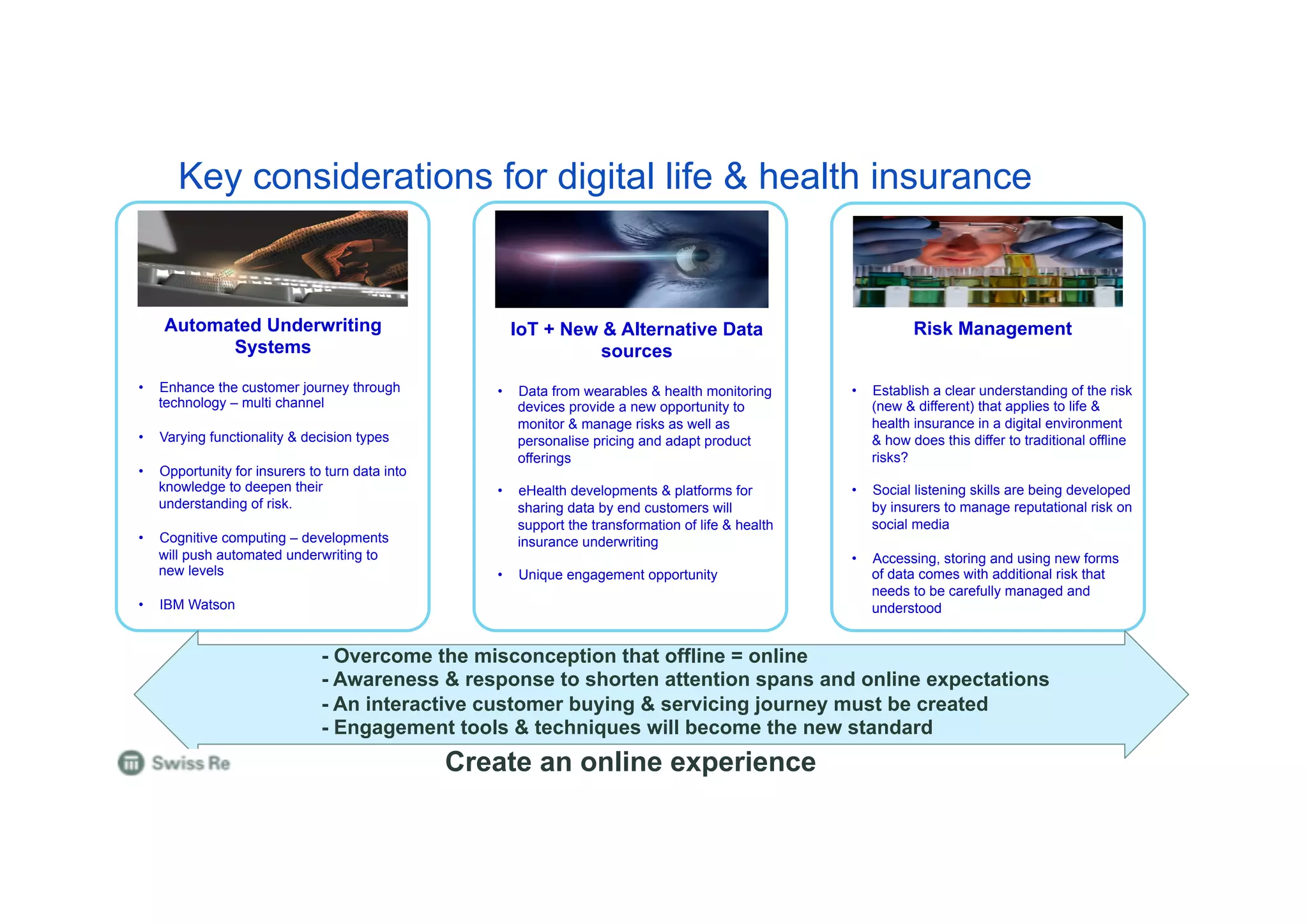 17
Key considerations for digital life & health insurance
Risk Management
•  Establish a clear understanding of the risk
(new & different) that applies to life &
health insurance in a digital environment
& how does this differ to traditional offline
risks?
•  Social listening skills are being developed
by insurers to manage reputational risk on
social media
•  Accessing, storing and using new forms
of data comes with additional risk that
needs to be carefully managed and
understood
IoT + New & Alternative Data
sources
•  Data from wearables & health monitoring
devices provide a new opportunity to
monitor & manage risks as well as
personalise pricing and adapt product
offerings
•  eHealth developments & platforms for
sharing data by end customers will
support the transformation of life & health
insurance underwriting
•  Unique engagement opportunity
Automated Underwriting
Systems
•  Enhance the customer journey through
technology – multi channel
•  Varying functionality & decision types
•  Opportunity for insurers to turn data into
knowledge to deepen their
understanding of risk.
•  Cognitive computing – developments
will push automated underwriting to
new levels
•  IBM Watson
- Overcome the misconception that offline = online
- Awareness & response to shorten attention spans and online expectations
- An interactive customer buying & servicing journey must be created
- Engagement tools & techniques will become the new standard
Create an online experience
 