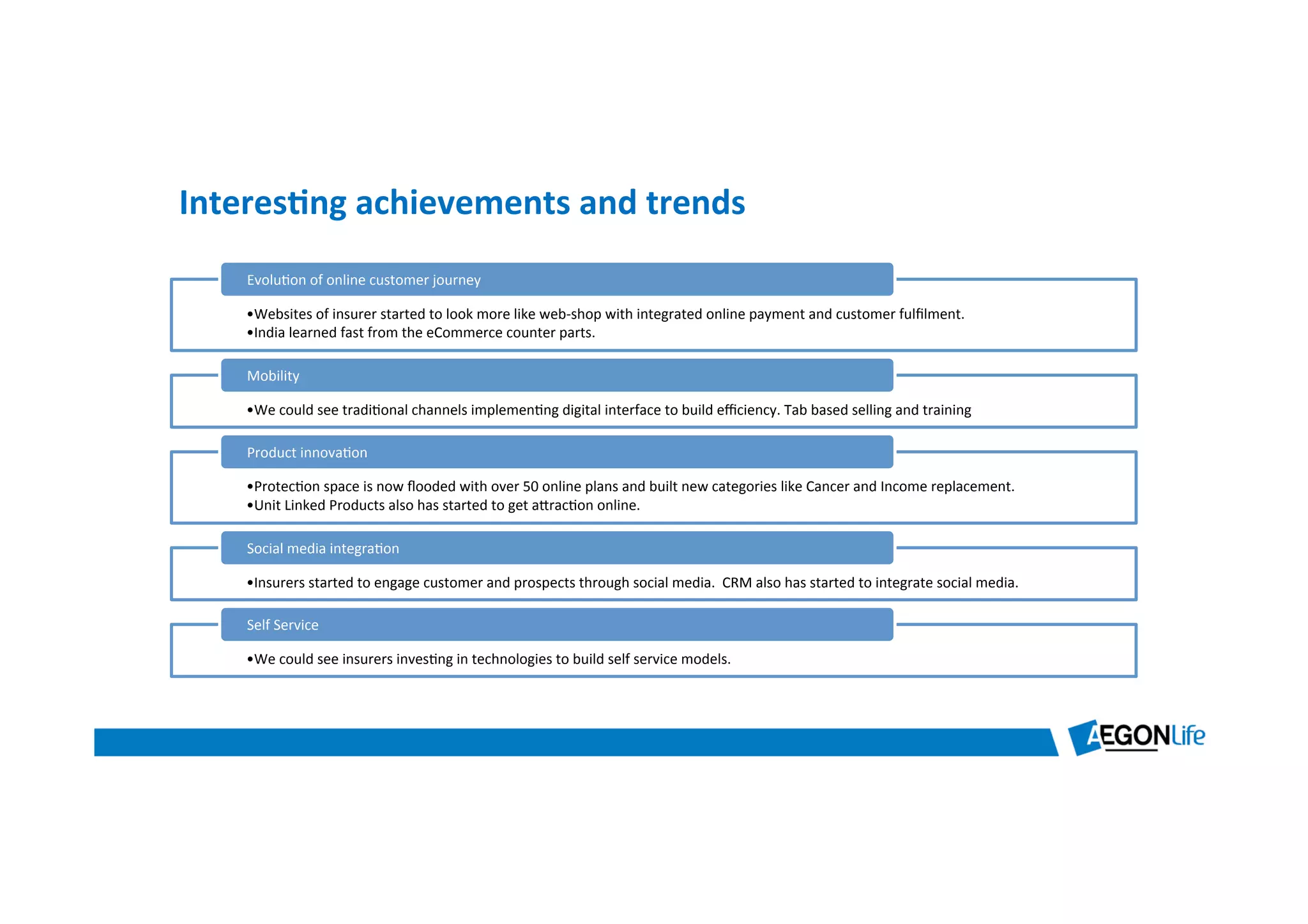 Interes8ng	
  achievements	
  and	
  trends	
  
• Websites	
  of	
  insurer	
  started	
  to	
  look	
  more	
  like	
  web-­‐shop	
  with	
  integrated	
  online	
  payment	
  and	
  customer	
  fulﬁlment.	
  
• India	
  learned	
  fast	
  from	
  the	
  eCommerce	
  counter	
  parts.	
  
Evolu*on	
  of	
  online	
  customer	
  journey	
  
• We	
  could	
  see	
  tradi*onal	
  channels	
  implemen*ng	
  digital	
  interface	
  to	
  build	
  eﬃciency.	
  Tab	
  based	
  selling	
  and	
  training	
  
Mobility	
  
• Protec*on	
  space	
  is	
  now	
  ﬂooded	
  with	
  over	
  50	
  online	
  plans	
  and	
  built	
  new	
  categories	
  like	
  Cancer	
  and	
  Income	
  replacement.	
  
• Unit	
  Linked	
  Products	
  also	
  has	
  started	
  to	
  get	
  amrac*on	
  online.	
  
Product	
  innova*on	
  
• Insurers	
  started	
  to	
  engage	
  customer	
  and	
  prospects	
  through	
  social	
  media.	
  	
  CRM	
  also	
  has	
  started	
  to	
  integrate	
  social	
  media.	
  
Social	
  media	
  integra*on	
  
• We	
  could	
  see	
  insurers	
  inves*ng	
  in	
  technologies	
  to	
  build	
  self	
  service	
  models.	
  	
  
Self	
  Service	
  
 
