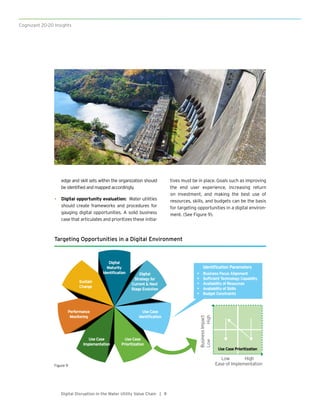 Targeting Opportunities in a Digital Environment
Cognizant 20-20 Insights
9Digital Disruption in the Water Utility Value Chain |
edge and skill sets within the organization should
be identified and mapped accordingly.
•	 Digital opportunity evaluation: Water utilities
should create frameworks and procedures for
gauging digital opportunities. A solid business
case that articulates and prioritizes these initia-
tives must be in place. Goals such as improving
the end user experience, increasing return
on investment, and making the best use of
resources, skills, and budgets can be the basis
for targeting opportunities in a digital environ-
ment. (See Figure 9).
Digital
Maturity
Identification
Identification Parameters
•	 Business Focus Alignment
•	 Sufficient Technology Capability
•	 Availability of Resources
•	 Availability of Skills
•	 Budget Constraints
Use Case
identification
Use Case
Implementation
Performance
Monitoring
Sustain
Change
Use Case
Prioritization
BusinessImpact
LowHigh
Ease of Implementation
Low High
Use Case Prioritization
Figure 9
Digital
Strategy for
Current & Next
Stage Evolution
 