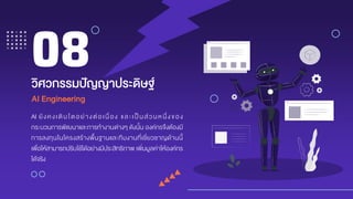 AI ยังคงเติบโตอย่างต่อเนื่อง และเป็นส่วนหนึ่งของ
กระบวนการพัฒนาและการทางานต่างๆ ดังนั้น องค์กรจึงต้องมี
การลงทุนในโครงสร้างพื้นฐานและทีมงานที่เชี่ยวชาญด้านนี้
เพื่อให้สามารถปรับใช้ได้อย่างมีประสิทธิภาพ เพิ่มมูลค่าให้องค์กร
ได้จริง
วิศวกรรมปัญญำประดิษฐ์
08
AI Engineering
 