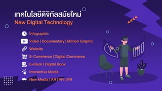 Infographic
Video | Documentary | Motion Graphic
E-Commerce | Digital Commerce
Interactive Media
New Media | AR | VR | MR
E-Book | Digital Book
Website
เทคโนโลยีดิจิทัลสมัยใหม่
New Digital Technology
 