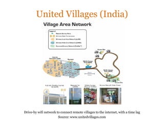 United Villages (India)




Drive-by wifi network to connect remote villages to the internet, with a time lag
            ...
