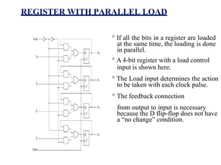 REGISTER WITH PARALLEL LOAD
° If all the bits in a register are loaded
at the same time, the loading is done
in parallel.
° A 4-bit register with a load control
input is shown here.
° The Load input determines the action
to be taken with each clock pulse.
° The feedback connection
from output to input is necessary
because the D flip-flop does not have
a “no change” condition.
 