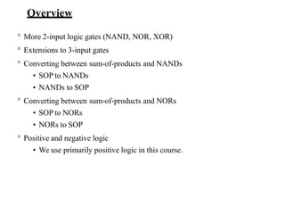 Overview
° More 2-input logic gates (NAND, NOR, XOR)
° Extensions to 3-input gates
° Converting between sum-of-products and NANDs
• SOP to NANDs
• NANDs to SOP
° Converting between sum-of-products and NORs
• SOP to NORs
• NORs to SOP
° Positive and negative logic
• We use primarily positive logic in this course.
 