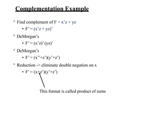 Complementation Example
° Find complement of F = x’z + yz
• F’= (x’z + yz)’
° DeMorgan’s
• F’ = (x’z)’(yz)’
° DeMorgan’s
• F’ = (x’’+z’)(y’+z’)
° Reduction -> eliminate double negation on x
• F’ = (x+z’)(y’+z’)
This format is called product of sums
 