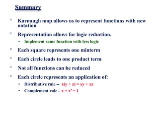 Summary
° Karnaugh map allows us to represent functions with new
notation
° Representation allows for logic reduction.
• Implement same function with less logic
° Each square represents one minterm
° Each circle leads to one product term
° Not all functions can be reduced
° Each circle represents an application of:
• Distributive rule -- x(y + z) = xy + xz
• Complement rule – x + x’ = 1
 
