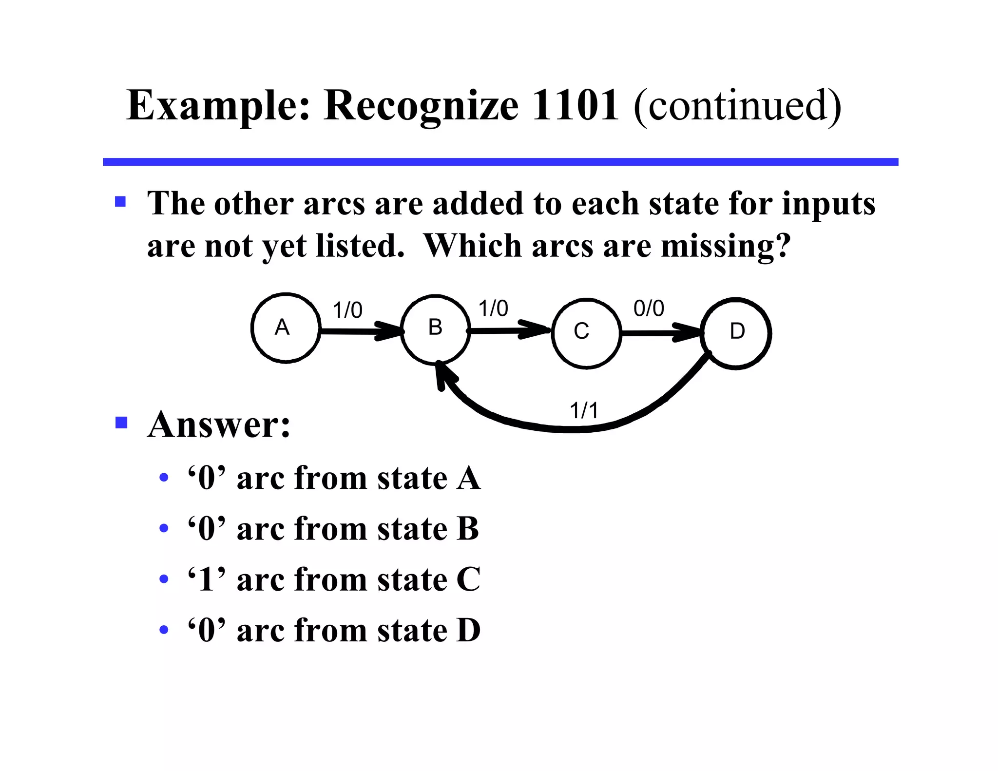 Example: Recognize 1101 (continued)
 The other arcs are added to each state for inputs
are not yet listed. Which arcs are missing?
 Answer:
• ‘0’ arc from state A
• ‘0’ arc from state B
• ‘1’ arc from state C
• ‘0’ arc from state D
1/1
A B
1/0
C
1/0
D
0/0
 