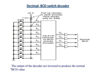 13
Decimal- BCD switch decoder
The output of the decoder are inversed to produce the normal
BCD value
 