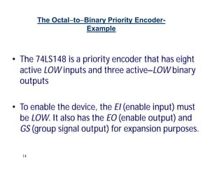 14
The OctaltoBinary Priority Encoder-
Example
• The 74LS148 is a priority encoder that has eight
active LOW inputs and three activeLOW binary
outputs
• To enable the device, the EI (enable input) must
be LOW. It also has the EO (enable output) and
GS (group signal output) for expansion purposes.
 