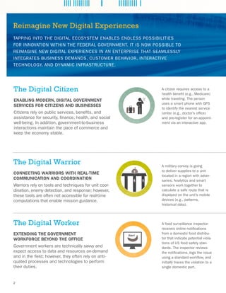 2
TAPPING INTO THE DIGITAL ECOSYSTEM ENABLES ENDLESS POSSIBILITIES
FOR INNOVATION WITHIN THE FEDERAL GOVERNMENT. IT IS NOW POSSIBLE TO
REIMAGINE NEW DIGITAL EXPERIENCES IN AN ENTERPRISE THAT SEAMLESSLY
INTEGRATES BUSINESS DEMANDS, CUSTOMER BEHAVIOR, INTERACTIVE
TECHNOLOGY, AND DYNAMIC INFRASTRUCTURE.
Reimagine New Digital Experiences
The Digital Citizen
ENABLING MODERN, DIGITAL GOVERNMENT
SERVICES FOR CITIZENS AND BUSINESSES
Citizens rely on public services, benefits, and
assistance for security, finance, health, and social
well-being. In addition, government-to-business
interactions maintain the pace of commerce and
keep the economy stable.
The Digital Warrior
CONNECTING WARRIORS WITH REAL-TIME
COMMUNICATION AND COORDINATION
Warriors rely on tools and techniques for unit coor-
dination, enemy detection, and response; however,
these tools are often not accessible for real-time
computations that enable mission guidance.
Route is
compromised!
!
Find the
safest route.
Bridge
collapsed
Turn left
in 5.2 miles.
A military convoy is going
to deliver supplies to a unit
located in a region with adver-
saries. Analytics and smart
sensors work together to
calculate a safe route that is
displayed on the unit’s mobile
devices (e.g., patterns,
historical data).
Welcome
Mr. Adams evaluat
risks
2:00 p.m.
appointment
confirmed
GPS
2.4 miles
“Highly recommend
Great service.”
A citizen requires access to a
health benefit (e.g., Medicare)
while traveling. The person
uses a smart phone with GPS
to identify the nearest service
center (e.g., doctor’s office)
and pre-register for an appoint-
ment via an interactive app.
The Digital Worker
EXTENDING THE GOVERNMENT
WORKFORCE BEYOND THE OFFICE
Government workers are technically savvy and
expect access to data and resources on-demand
and in the field; however, they often rely on anti-
quated processes and technologies to perform
their duties.
algorthim
evaluates risks
Alert!
A food surveillance inspector
receives online notifications
from a domestic food distribu-
tor that indicate potential viola-
tions of US food safety stan-
dards. The inspector reviews
the notifications, logs the issue
using a standard workflow, and
initially traces the violation to a
single domestic port.
 