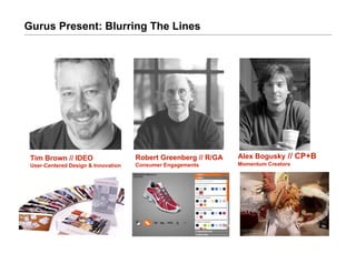 Gurus Present: Blurring The Lines




                                                                Alex Bogusky // CP+B
                                     Robert Greenberg // R/GA
 Tim Brown // IDEO
                                                                Momentum Creators
                                     Consumer Engagements
 User-Centered Design & Innovation