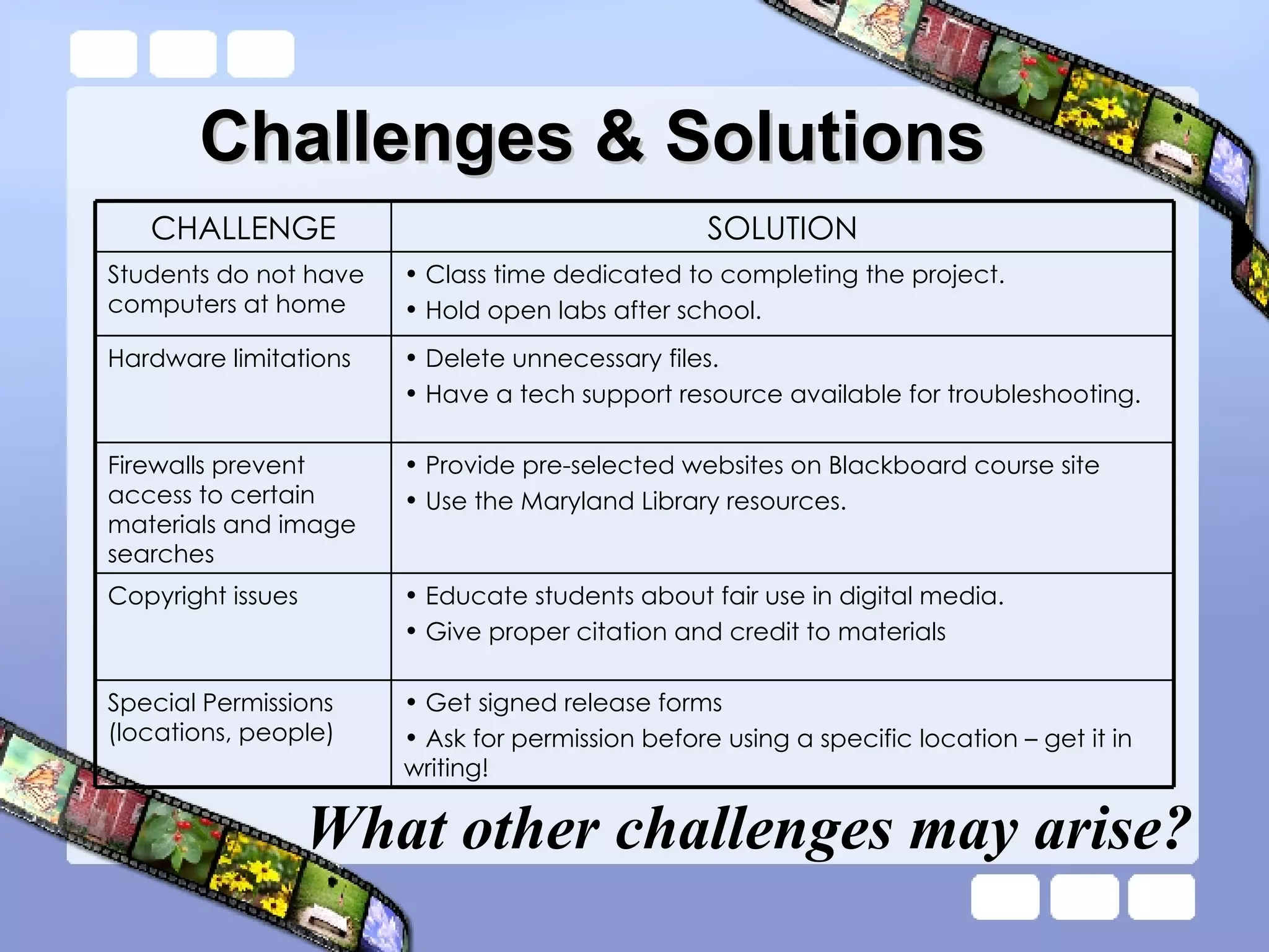 Challenges & Solutions What other challenges may arise? Get signed release forms Ask for permission before using a specific location – get it in writing!  Special Permissions (locations, people) Educate students about fair use in digital media.  Give proper citation and credit to materials Copyright issues Provide pre-selected websites on Blackboard course site Use the Maryland Library resources. Firewalls prevent access to certain materials and image searches Delete unnecessary files. Have a tech support resource available for troubleshooting.  Hardware limitations Class time dedicated to completing the project.  Hold open labs after school. Students do not have computers at home SOLUTION CHALLENGE 