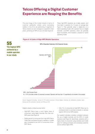 10
Telcos Offering a Digital Customer
Experience are Reaping the Benefits
The poor image of the mobile industry in terms of
customer satisfaction shields some contrasting
realities in how firms are performing. A segment of
Telcos stands out and manages to outperform their
peers, achieving an NPS of up to 55 (see Figure 6).
Figure 6: A Cadre of High-NPS Mobile Operators
Source: Capgemini Consulting - Survey of 5,776 mobile consumers in France, Belgium, Germany, UK, Netherlands, Sweden, Spain,
Norway and US conducted in January and February 2016
N = 5776, the total number of consumers surveyed; Operators with less than 10 respondents not included in the analysis
NPS = Net Promoter Score
Operators with Positive
NPS
-28
-30
41
55
NPS of Operators Featuring in the Consumer Survey
Digital is clearly a critical success factor:
-- High-NPS Telcos have a much higher share of
consumers using digital channels than their low-
NPS peers (see Figure 8).
-- Eighty percent of consumers from high-NPS Telcos
make their purchases through a website or mobile
app, compared to just 38% of consumers of low-
NPS Telcos.
55
The highest NPS
achieved by a
mobile operator
in our study
These high-NPS operators are smaller players, and
have been in operation for 13 years on average (see
Figure 7). They generally adopt a digital-only or a
hybrid operating model, with a greater focus on digital
channels. Low-NPS operators, which are generally
large incumbents, tend towards a physical or hybrid
operating model.
-- Only 7% of consumers at high-NPS Telcos go to
a physical store to purchase products or services
against 30% for low-NPS players.
Our research indicates a positive correlation between
the use of digital channels and the NPS of mobile
operators (see Figure 9). Specifically, operators with a
higher share of consumers using websites and mobile
apps for making purchases and accessing customer
service achieve higher NPS.
 