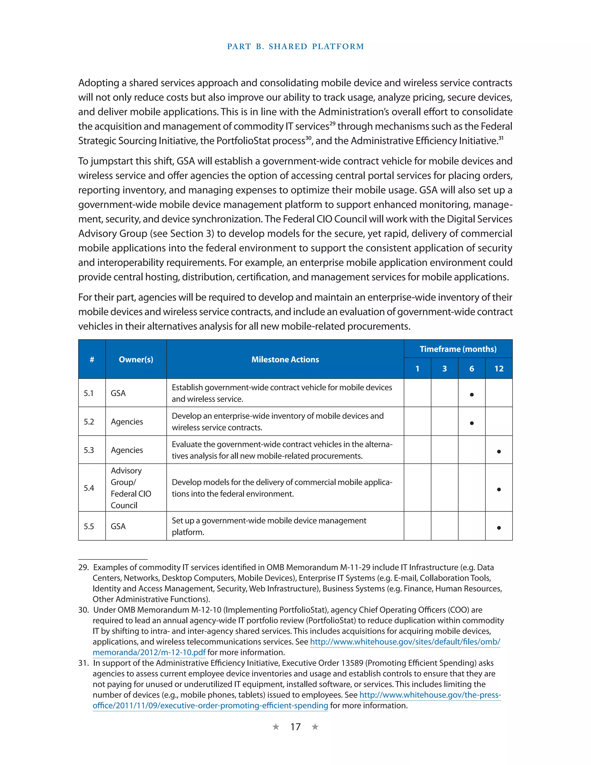 Part B . S hared P latform



Adopting a shared services approach and consolidating mobile device and wireless service contracts
will not only reduce costs but also improve our ability to track usage, analyze pricing, secure devices,
and deliver mobile applications. This is in line with the Administration’s overall effort to consolidate
the acquisition and management of commodity IT services29 through mechanisms such as the Federal
Strategic Sourcing Initiative, the PortfolioStat process30, and the Administrative Efficiency Initiative.31
To jumpstart this shift, GSA will establish a government-wide contract vehicle for mobile devices and
wireless service and offer agencies the option of accessing central portal services for placing orders,
reporting inventory, and managing expenses to optimize their mobile usage. GSA will also set up a
government-wide mobile device management platform to support enhanced monitoring, manage-
ment, security, and device synchronization. The Federal CIO Council will work with the Digital Services
Advisory Group (see Section 3) to develop models for the secure, yet rapid, delivery of commercial
mobile applications into the federal environment to support the consistent application of security
and interoperability requirements. For example, an enterprise mobile application environment could
provide central hosting, distribution, certification, and management services for mobile applications.
For their part, agencies will be required to develop and maintain an enterprise-wide inventory of their
mobile devices and wireless service contracts, and include an evaluation of government-wide contract
vehicles in their alternatives analysis for all new mobile-related procurements.

                                                                                                Timeframe (months)
   #       Owner(s)                             Milestone Actions
                                                                                              1       3       6      12

                          Establish government-wide contract vehicle for mobile devices
 5.1     GSA
                          and wireless service.                                                               •
                          Develop an enterprise-wide inventory of mobile devices and
 5.2     Agencies
                          wireless service contracts.                                                         •
                          Evaluate the government-wide contract vehicles in the alterna-
 5.3     Agencies
                          tives analysis for all new mobile-related procurements.                                    •
         Advisory
         Group/           Develop models for the delivery of commercial mobile applica-
 5.4
         Federal CIO      tions into the federal environment.                                                        •
         Council
                          Set up a government-wide mobile device management
 5.5     GSA
                          platform.                                                                                  •

29.  Examples of commodity IT services identified in OMB Memorandum M-11-29 include IT Infrastructure (e.g. Data
     Centers, Networks, Desktop Computers, Mobile Devices), Enterprise IT Systems (e.g. E-mail, Collaboration Tools,
     Identity and Access Management, Security, Web Infrastructure), Business Systems (e.g. Finance, Human Resources,
     Other Administrative Functions).
30.  Under OMB Memorandum M-12-10 (Implementing PortfolioStat), agency Chief Operating Officers (COO) are
     required to lead an annual agency-wide IT portfolio review (PortfolioStat) to reduce duplication within commodity
     IT by shifting to intra- and inter-agency shared services. This includes acquisitions for acquiring mobile devices,
     applications, and wireless telecommunications services. See http://www.whitehouse.gov/sites/default/files/omb/
     memoranda/2012/m-12-10.pdf for more information.
31.  In support of the Administrative Efficiency Initiative, Executive Order 13589 (Promoting Efficient Spending) asks
     agencies to assess current employee device inventories and usage and establish controls to ensure that they are
     not paying for unused or underutilized IT equipment, installed software, or services. This includes limiting the
     number of devices (e.g., mobile phones, tablets) issued to employees. See http://www.whitehouse.gov/the-press-
     office/2011/11/09/executive-order-promoting-efficient-spending for more information.

                                                      ★    17 ★
 