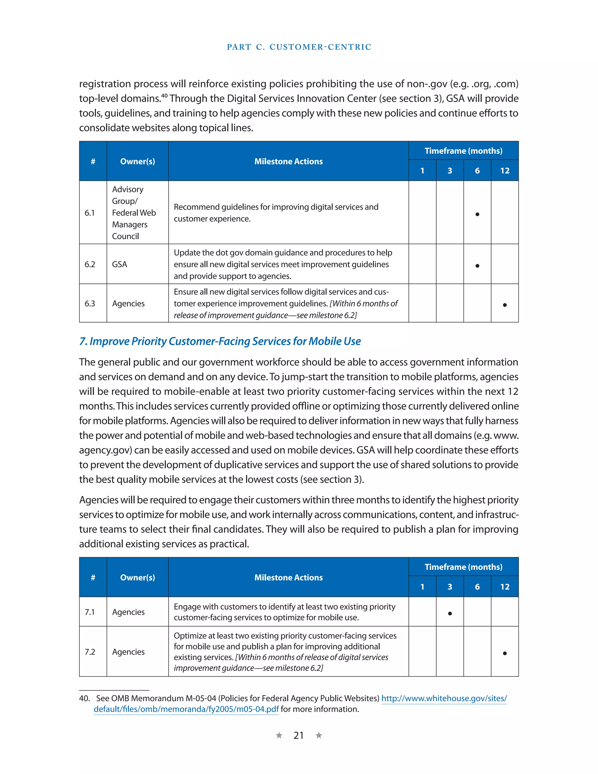 Part C . C ustomer - C entric



registration process will reinforce existing policies prohibiting the use of non-.gov (e.g. .org, .com)
top-level domains.40 Through the Digital Services Innovation Center (see section 3), GSA will provide
tools, guidelines, and training to help agencies comply with these new policies and continue efforts to
consolidate websites along topical lines.

                                                                                             Timeframe (months)
  #       Owner(s)                             Milestone Actions
                                                                                             1    3     6     12

        Advisory
        Group/
                        Recommend guidelines for improving digital services and
 6.1    Federal Web
        Managers
                        customer experience.                                                            •
        Council
                        Update the dot gov domain guidance and procedures to help
 6.2    GSA             ensure all new digital services meet improvement guidelines
                        and provide support to agencies.
                                                                                                        •
                        Ensure all new digital services follow digital services and cus-
 6.3    Agencies        tomer experience improvement guidelines. [Within 6 months of
                        release of improvement guidance—see milestone 6.2]
                                                                                                              •

7. Improve Priority Customer-Facing Services for Mobile Use
The general public and our government workforce should be able to access government information
and services on demand and on any device. To jump-start the transition to mobile platforms, agencies
will be required to mobile-enable at least two priority customer-facing services within the next 12
months. This includes services currently provided offline or optimizing those currently delivered online
for mobile platforms. Agencies will also be required to deliver information in new ways that fully harness
the power and potential of mobile and web-based technologies and ensure that all domains (e.g. www.
agency.gov) can be easily accessed and used on mobile devices. GSA will help coordinate these efforts
to prevent the development of duplicative services and support the use of shared solutions to provide
the best quality mobile services at the lowest costs (see section 3).
Agencies will be required to engage their customers within three months to identify the highest priority
services to optimize for mobile use, and work internally across communications, content, and infrastruc-
ture teams to select their final candidates. They will also be required to publish a plan for improving
additional existing services as practical.

                                                                                             Timeframe (months)
  #       Owner(s)                             Milestone Actions
                                                                                             1    3     6     12

                        Engage with customers to identify at least two existing priority
 7.1    Agencies
                        customer-facing services to optimize for mobile use.                      •
                        Optimize at least two existing priority customer-facing services
                        for mobile use and publish a plan for improving additional
 7.2    Agencies
                        existing services. [Within 6 months of release of digital services                    •
                        improvement guidance—see milestone 6.2]


40.  See OMB Memorandum M-05-04 (Policies for Federal Agency Public Websites) http://www.whitehouse.gov/sites/
    default/files/omb/memoranda/fy2005/m05-04.pdf for more information.


                                                     ★     21 ★
 
