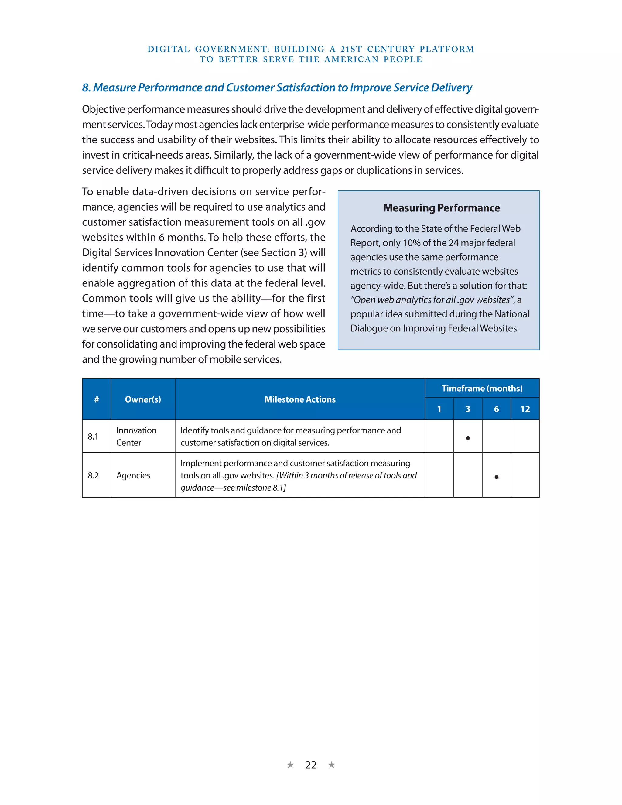 D I G I TA L G OV E R N M E N T: B U I LD I N G A 2 1 S T C E N T U RY P L AT F O R M
                             T O B E T T E R S E RV E T H E A M E R I C A N P E O P LE


8. Measure Performance and Customer Satisfaction to Improve Service Delivery
Objective performance measures should drive the development and delivery of effective digital govern-
ment services. Today most agencies lack enterprise-wide performance measures to consistently evaluate
the success and usability of their websites. This limits their ability to allocate resources effectively to
invest in critical-needs areas. Similarly, the lack of a government-wide view of performance for digital
service delivery makes it difficult to properly address gaps or duplications in services.
To enable data-driven decisions on service perfor-
mance, agencies will be required to use analytics and                            Measuring Performance
customer satisfaction measurement tools on all .gov
                                                                       According to the State of the Federal Web
websites within 6 months. To help these efforts, the                   Report, only 10% of the 24 major federal
Digital Services Innovation Center (see Section 3) will                agencies use the same performance
identify common tools for agencies to use that will                    metrics to consistently evaluate websites
enable aggregation of this data at the federal level.                  agency-wide. But there’s a solution for that:
Common tools will give us the ability—for the first                    “Open web analytics for all .gov websites”, a
time—to take a government-wide view of how well                        popular idea submitted during the National
we serve our customers and opens up new possibilities                  Dialogue on Improving Federal Websites.
for consolidating and improving the federal web space
and the growing number of mobile services.

                                                                                              Timeframe (months)
  #       Owner(s)                             Milestone Actions
                                                                                              1    3       6     12

        Innovation     Identify tools and guidance for measuring performance and
 8.1
        Center         customer satisfaction on digital services.                                  •
                       Implement performance and customer satisfaction measuring
 8.2    Agencies       tools on all .gov websites. [Within 3 months of release of tools and
                       guidance—see milestone 8.1]
                                                                                                           •




                                                     ★    22 ★
 