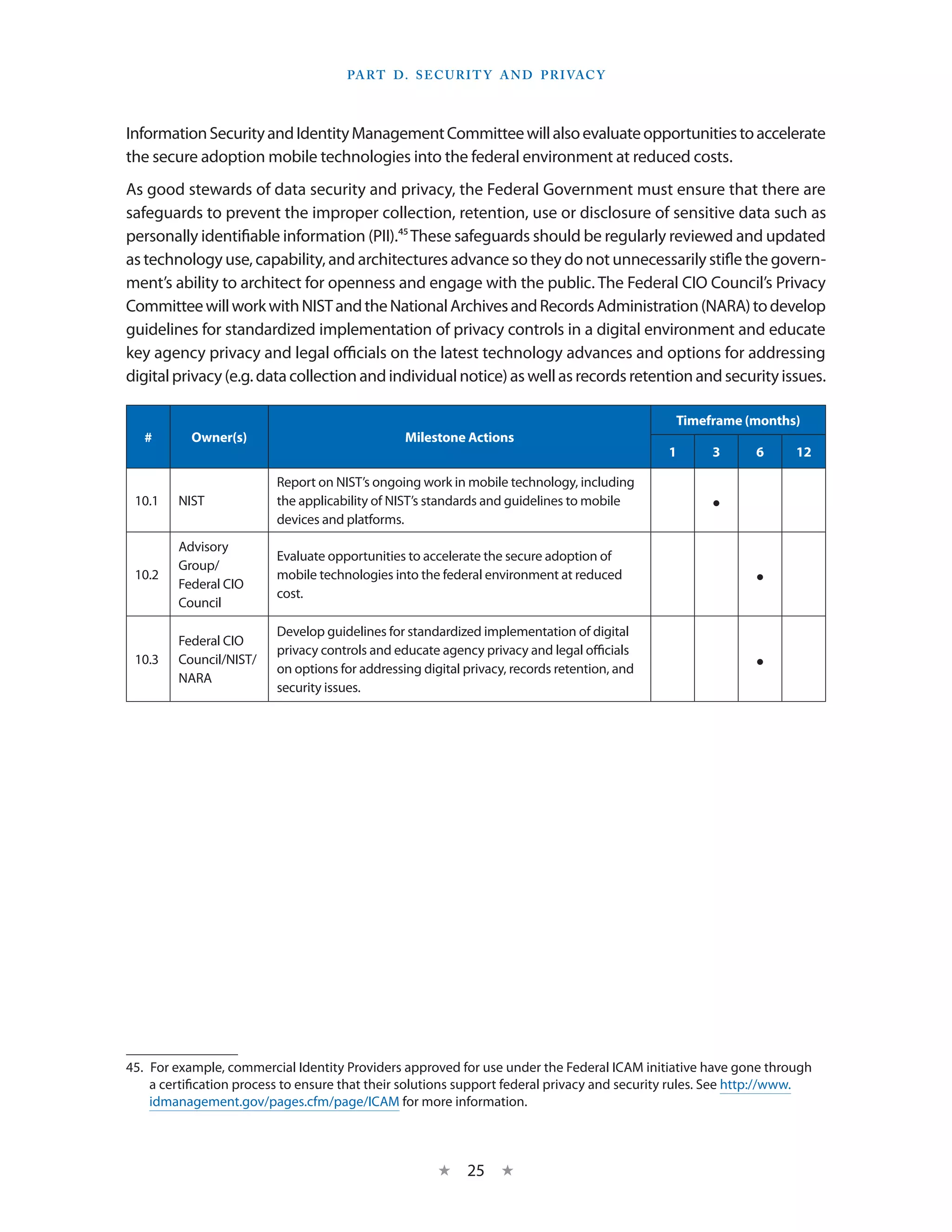 Part D. S ecurity and P rivacy



Information Security and Identity Management Committee will also evaluate opportunities to accelerate
the secure adoption mobile technologies into the federal environment at reduced costs.
As good stewards of data security and privacy, the Federal Government must ensure that there are
safeguards to prevent the improper collection, retention, use or disclosure of sensitive data such as
personally identifiable information (PII).45 These safeguards should be regularly reviewed and updated
as technology use, capability, and architectures advance so they do not unnecessarily stifle the govern-
ment’s ability to architect for openness and engage with the public. The Federal CIO Council’s Privacy
Committee will work with NIST and the National Archives and Records Administration (NARA) to develop
guidelines for standardized implementation of privacy controls in a digital environment and educate
key agency privacy and legal officials on the latest technology advances and options for addressing
digital privacy (e.g. data collection and individual notice) as well as records retention and security issues.

                                                                                               Timeframe (months)
   #       Owner(s)                              Milestone Actions
                                                                                              1      3       6      12

                          Report on NIST’s ongoing work in mobile technology, including
 10.1    NIST             the applicability of NIST’s standards and guidelines to mobile
                          devices and platforms.
                                                                                                     •
         Advisory
                          Evaluate opportunities to accelerate the secure adoption of
         Group/
 10.2
         Federal CIO
                          mobile technologies into the federal environment at reduced
                          cost.
                                                                                                             •
         Council

                          Develop guidelines for standardized implementation of digital
         Federal CIO
                          privacy controls and educate agency privacy and legal officials
 10.3    Council/NIST/
         NARA
                          on options for addressing digital privacy, records retention, and                  •
                          security issues.




45.  For example, commercial Identity Providers approved for use under the Federal ICAM initiative have gone through
     a certification process to ensure that their solutions support federal privacy and security rules. See http://www.
     idmanagement.gov/pages.cfm/page/ICAM for more information.



                                                       ★    25 ★
 