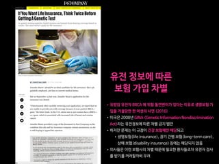 •유방암 유전자 BRCA 에 위험 돌연변이가 있다는 이유로 생명보험 가
입을 거절당한 한 여성의 사연 (2016)

•미국은 2008년 GINA (Genetic Information Nondiscrimination
Act)라는 유전정보에 따른 차별 금지 법안

•하지만 문제는 이 규정이 건강 보험에만 해당되고 

•생명보험(life insurance), 장기 간병 보험(long-term care),
상해 보험(disability insurance) 등에는 해당되지 않음

•의사들은 이런 보험사의 차별 때문에 필요한 환자들조차 유전자 검사
를 받기를 꺼려할까봐 우려
유전 정보에 따른

보험 가입 차별
 
