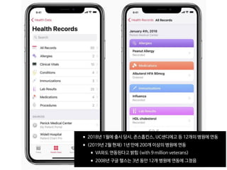 •2018년 1월에 출시 당시, 존스홉킨스, UC샌디에고 등 12개의 병원에 연동

•(2019년 2월 현재) 1년 만에 200개 이상의 병원에 연동

•VA와도 연동된다고 밝힘 (with 9 million veterans)

•2008년 구글 헬스는 3년 동안 12개 병원에 연동에 그쳤음
 