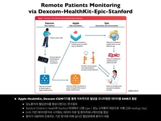 transfer from Share2 to HealthKit as mandated by Dexcom receiver
Food and Drug Administration device classification. Once the glucose
values reach HealthKit, they are passively shared with the Epic
MyChart app (https://www.epic.com/software-phr.php). The MyChart
patient portal is a component of the Epic EHR and uses the same data-
base, and the CGM values populate a standard glucose flowsheet in
the patient’s chart. This connection is initially established when a pro-
vider places an order in a patient’s electronic chart, resulting in a re-
quest to the patient within the MyChart app. Once the patient or
patient proxy (parent) accepts this connection request on the mobile
device, a communication bridge is established between HealthKit and
MyChart enabling population of CGM data as frequently as every 5
Participation required confirmation of Bluetooth pairing of the CGM re-
ceiver to a mobile device, updating the mobile device with the most recent
version of the operating system, Dexcom Share2 app, Epic MyChart app,
and confirming or establishing a username and password for all accounts,
including a parent’s/adolescent’s Epic MyChart account. Setup time aver-
aged 45–60 minutes in addition to the scheduled clinic visit. During this
time, there was specific verbal and written notification to the patients/par-
ents that the diabetes healthcare team would not be actively monitoring
or have real-time access to CGM data, which was out of scope for this pi-
lot. The patients/parents were advised that they should continue to contact
the diabetes care team by established means for any urgent questions/
concerns. Additionally, patients/parents were advised to maintain updates
Figure 1: Overview of the CGM data communication bridge architecture.
BRIEFCOMMUNICATION
Kumar R B, et al. J Am Med Inform Assoc 2016;0:1–6. doi:10.1093/jamia/ocv206, Brief Communication
byguestonApril7,2016http://jamia.oxfordjournals.org/Downloadedfrom
• Apple HealthKit, Dexcom CGM기기를 통해 지속적으로 혈당을 모니터링한 데이터를 EHR과 통합
• 당뇨환자의 혈당관리를 향상시켰다는 연구결과
• Stanford Children’s Health와 Stanford 의대에서 10명 type 1 당뇨 소아환자 대상으로 수행 (288 readings /day)
• EHR 기반 데이터분석과 시각화는 데이터 리뷰 및 환자커뮤니케이션을 향상
• 환자가 내원하여 진료하는 기존 방식에 비해 실시간 혈당변화에 환자가 대응
JAMIA 2016
Remote Patients Monitoring
via Dexcom-HealthKit-Epic-Stanford
 