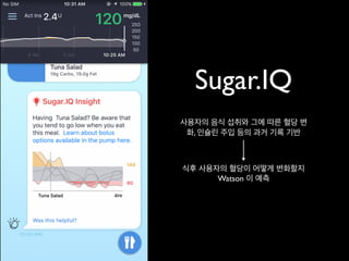 Sugar.IQ
사용자의 음식 섭취와 그에 따른 혈당 변
화, 인슐린 주입 등의 과거 기록 기반
식후 사용자의 혈당이 어떻게 변화할지
Watson 이 예측
 