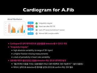 •Cardiogram은 심박 데이터만으로 심방세동을 detection할 수 있다고 주장

•“Irregularly irregular”

•high absolute variability (a range of 30+ bpm)

•a higher fraction missing measurements

•a lack of periodicity in heart rate variability

•심방세동 특유의 불규칙적인 리듬을 detection 하는 정도로 생각하면 될 듯

•“불규칙적인 리듬을 가지는 (심방세동이 아닌) 다른 부정맥과 구분 가능한가?” (쉽지 않을듯)

•따라서, 심박으로 detection한 환자를 심전도(ECG)로 confirm 하는 것이 필요
Cardiogram for A.Fib
 
