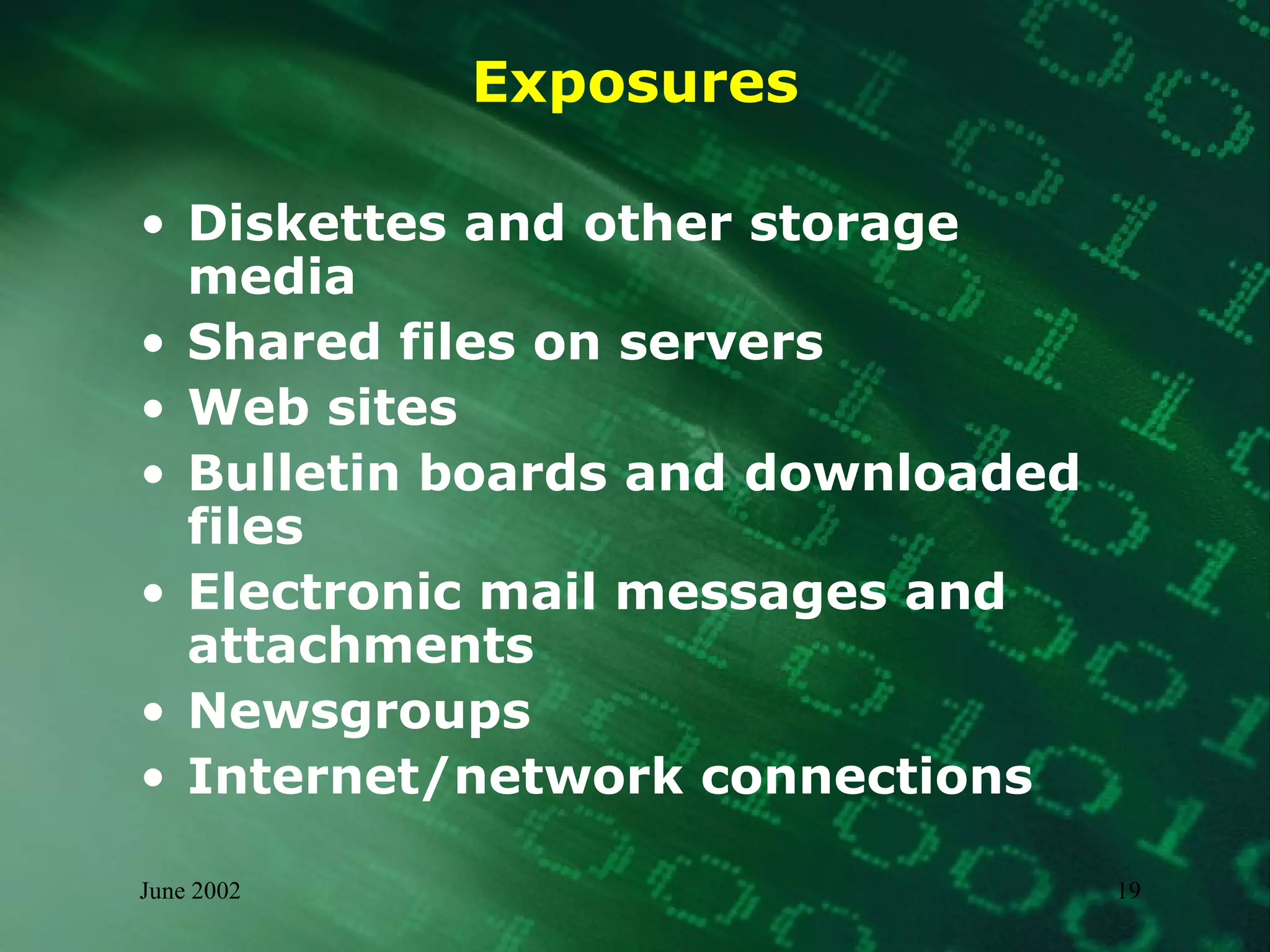 Exposures Diskettes and other storage media Shared files on servers Web sites Bulletin boards and downloaded files Electronic mail messages and attachments Newsgroups Internet/network connections 