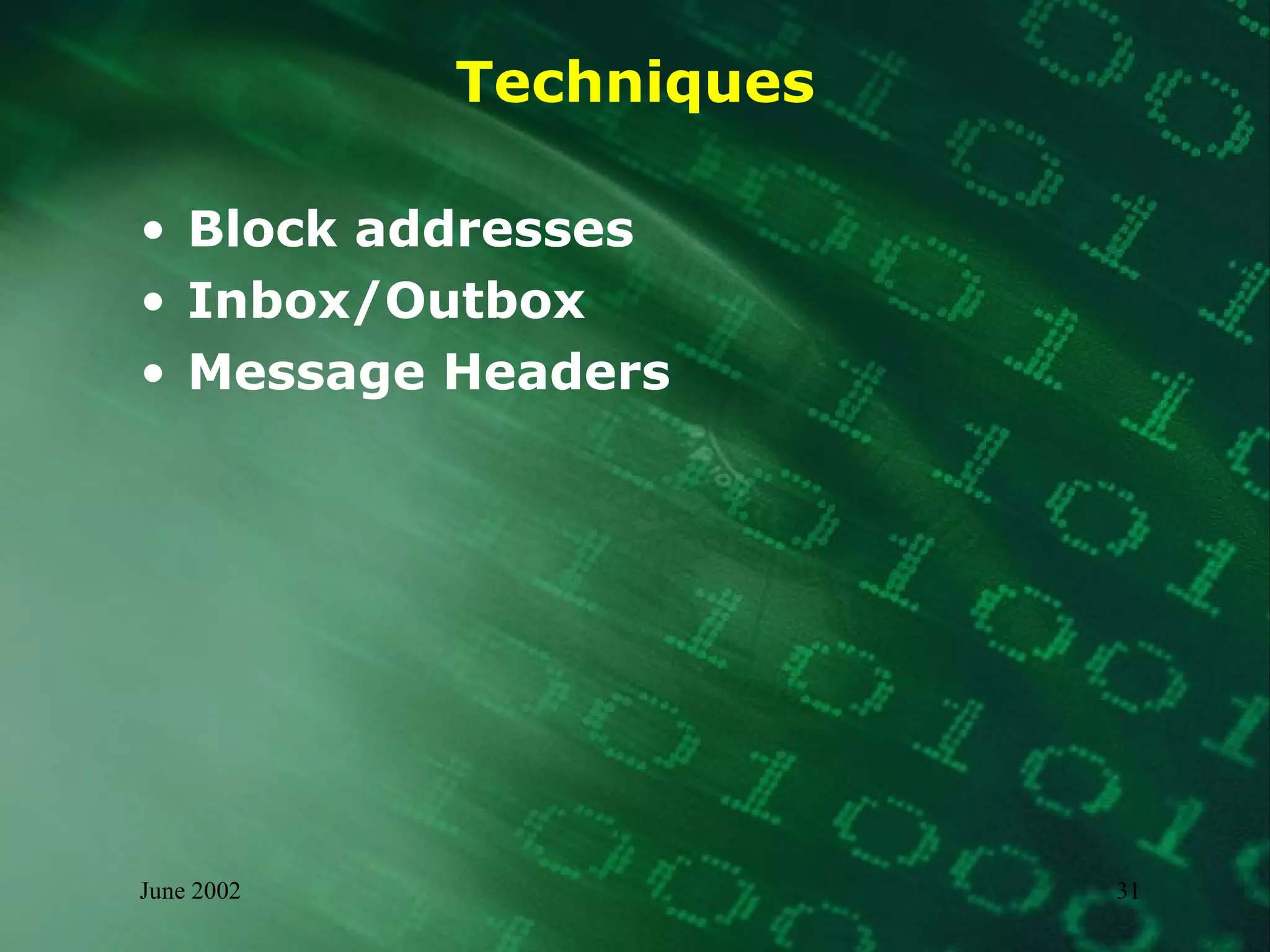 Techniques Block addresses Inbox/Outbox  Message Headers 
