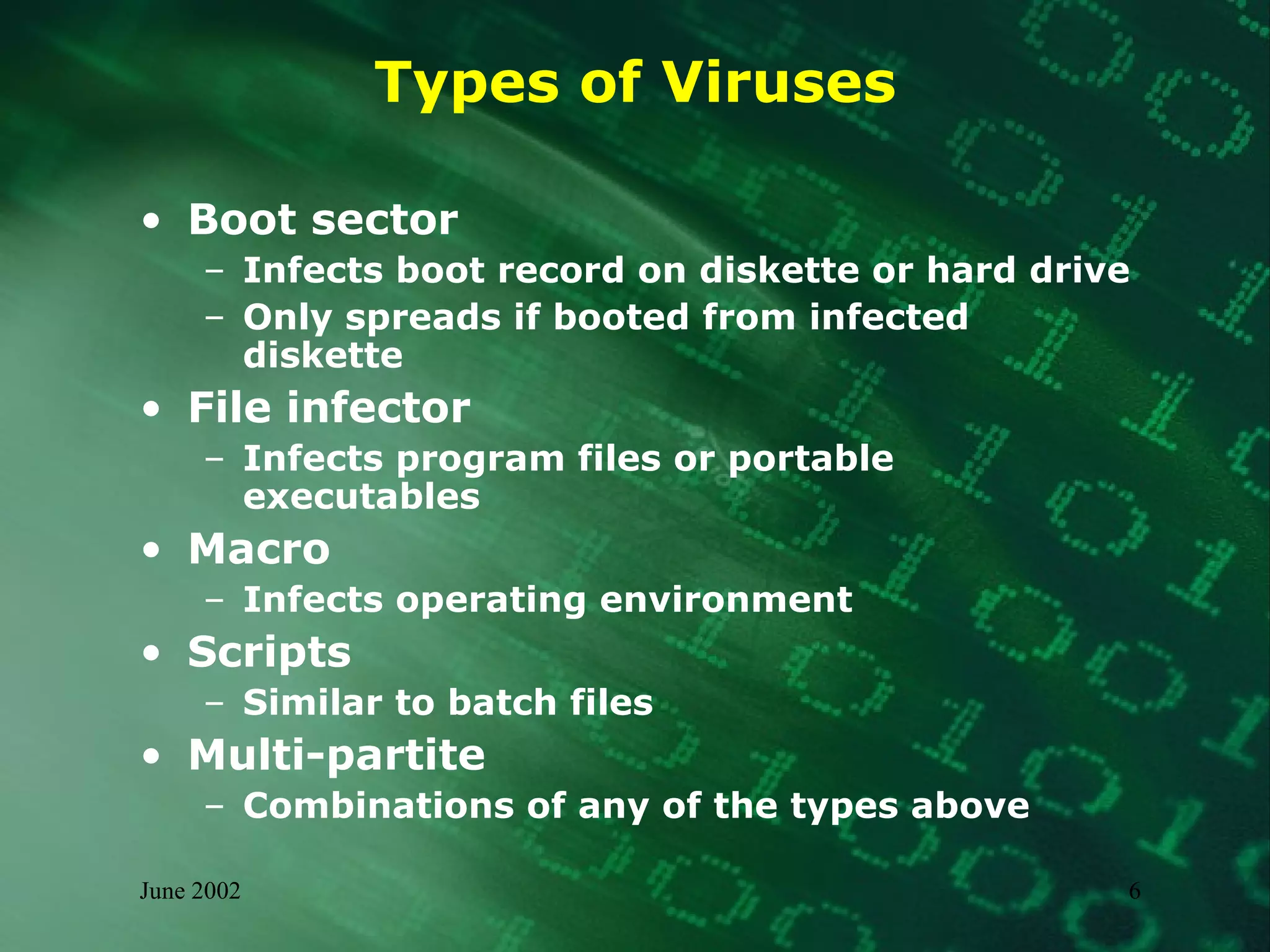 Types of Viruses Boot sector Infects boot record on diskette or hard drive Only spreads if booted from infected diskette File infector Infects program files or portable executables Macro  Infects operating environment Scripts Similar to batch files Multi-partite Combinations of any of the types above 