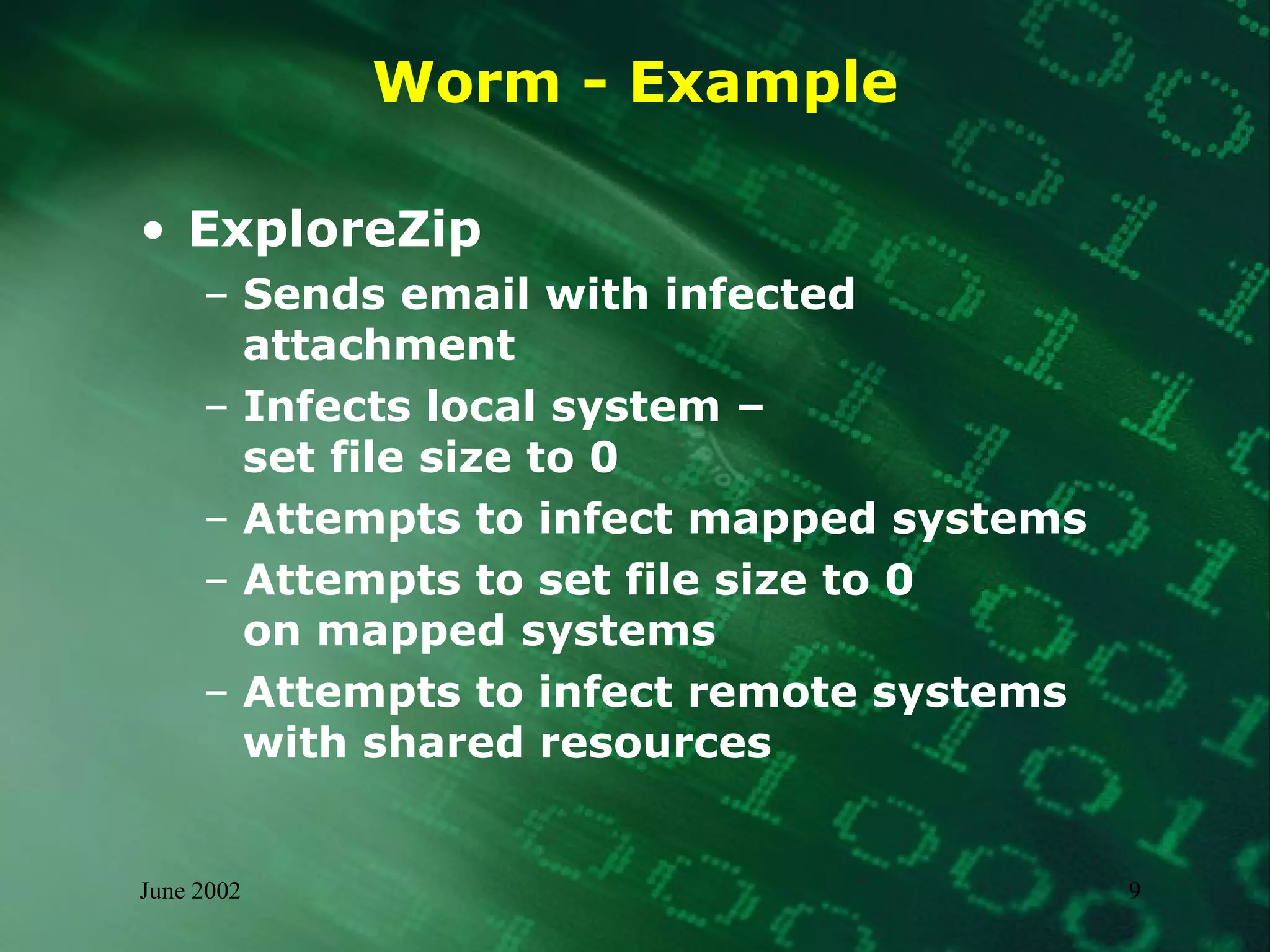 Worm - Example ExploreZip Sends email with infected attachment Infects local system –  set file size to 0 Attempts to infect mapped systems Attempts to set file size to 0  on mapped systems Attempts to infect remote systems  with shared resources 