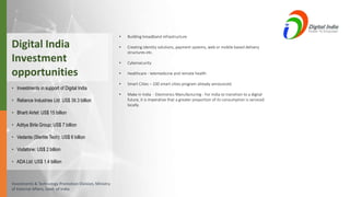 Investments & Technology Promotion Division, Ministry
of External Affairs, Govt. of India
• Building broadband infrastructure
• Creating identity solutions, payment systems, web or mobile based delivery
structures etc.
• Cybersecurity
• Healthcare - telemedicine and remote health
• Smart Cities – 100 smart cities program already announced.
• Make in India - Electronics Manufacturing - For India to transition to a digital
future, it is imperative that a greater proportion of its consumption is serviced
locally.
Digital India
Investment
opportunities
• Investments in support of Digital India
• Reliance Industries Ltd: US$ 39.3 billion
• Bharti Airtel: US$ 15 billion
• Aditya Birla Group: US$ 7 billion
• Vedanta (Sterlite Tech): US$ 6 billion
• Vodafone: US$ 2 billion
• ADA Ltd: US$ 1.4 billion
 
