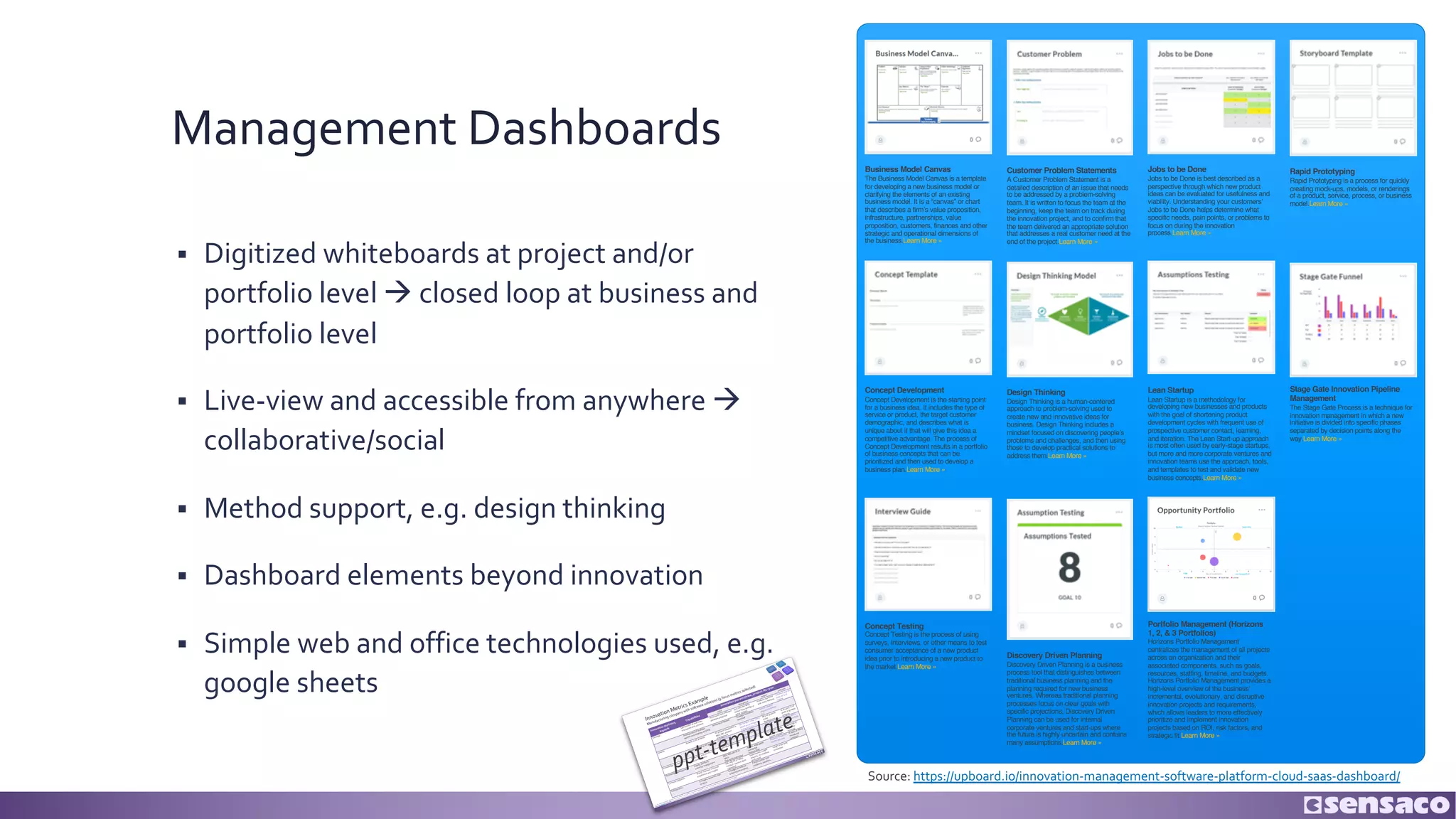 Management Dashboards
§ Digitized whiteboards at project and/or
portfolio level à closed loop at business and
portfolio level
§ Live-view and accessible from anywhere à
collaborative/social
§ Method support, e.g. design thinking
§ Dashboard elements beyond innovation
§ Simple web and office technologies used, e.g.
google sheets
Business Model Canvas
The Business Model Canvas is a template
for developing a new business model or
clarifying the elements of an existing
business model. It is a “canvas” or chart
that describes a firm’s value proposition,
infrastructure, partnerships, value
proposition, customers, finances and other
strategic and operational dimensions of
the business.Learn More »
Concept Development
Concept Development is the starting point
for a business idea. It includes the type of
service or product, the target customer
demographic, and describes what is
unique about it that will give this idea a
competitive advantage. The process of
Concept Development results in a portfolio
of business concepts that can be
prioritized and then used to develop a
business plan.Learn More »
Concept Testing
Concept Testing is the process of using
surveys, interviews, or other means to test
consumer acceptance of a new product
idea prior to introducing a new product to
the market.Learn More »
Customer Problem Statements
A Customer Problem Statement is a
detailed description of an issue that needs
to be addressed by a problem-solving
team. It is written to focus the team at the
beginning, keep the team on track during
the innovation project, and to confirm that
the team delivered an appropriate solution
that addresses a real customer need at the
end of the project.Learn More »
Design Thinking
Design Thinking is a human-centered
approach to problem-solving used to
create new and innovative ideas for
business. Design Thinking includes a
mindset focused on discovering people’s
problems and challenges, and then using
those to develop practical solutions to
address them.Learn More »
Discovery Driven Planning
Discovery Driven Planning is a business
process tool that distinguishes between
traditional business planning and the
planning required for new business
ventures. Whereas traditional planning
processes focus on clear goals with
specific projections, Discovery Driven
Planning can be used for internal
corporate ventures and start-ups where
the future is highly uncertain and contains
many assumptions.Learn More »
Jobs to be Done
Jobs to be Done is best described as a
perspective through which new product
ideas can be evaluated for usefulness and
viability. Understanding your customers’
Jobs to be Done helps determine what
specific needs, pain points, or problems to
focus on during the innovation
process.Learn More »
Lean Startup
Lean Startup is a methodology for
developing new businesses and products
with the goal of shortening product
development cycles with frequent use of
prospective customer contact, learning,
and iteration. The Lean Start-up approach
is most often used by early-stage startups,
but more and more corporate ventures and
innovation teams use the approach, tools,
and templates to test and validate new
business concepts.Learn More »
Portfolio Management (Horizons
1, 2, & 3 Portfolios)
Horizons Portfolio Management
centralizes the management of all projects
across an organization and their
associated components, such as goals,
resources, staffing, timeline, and budgets.
Horizons Portfolio Management provides a
high-level overview of the business’
incremental, evolutionary, and disruptive
innovation projects and requirements,
which allows leaders to more effectively
prioritize and implement innovation
projects based on ROI, risk factors, and
strategic fit.Learn More »
Rapid Prototyping
Rapid Prototyping is a process for quickly
creating mock-ups, models, or renderings
of a product, service, process, or business
model.Learn More »
Stage Gate Innovation Pipeline
Management
The Stage Gate Process is a technique for
innovation management in which a new
initiative is divided into specific phases
separated by decision points along the
way.Learn More »
Source: https://upboard.io/innovation-management-software-platform-cloud-saas-dashboard/
Innovation Metrics Example
Manufacturing company with software solutions (9 focus metrics selected)
Sour
ce: Fank
haus
er (201
9). Base
d on the
work
of Penk
er et al. (201
6) and
surve
y of Napp
i (201
9). All data
is colle
cted
and
analy
zed
in vario
us tools
and
dash
boar
ds.
Copy
right
Sens
aco
Gmb
H, 2019
.
Innovation Horizons,
Aspects
Capabilities
Innovation process phase, product life cycle
Copyr
ight
Sensa
co GmbH
, 2019.
input
throughpu
t
output
outcom
e
Strategy
Sell bundles of machines,
accessories and
software
Accessories and
software
solutions proposed
(any relevant NPDI
metric
from DevOps or
other system
)
Products launched
with these features
Software
add
-on
sales as % of
topline
Development of strategic
options and
initatives
(H2/H3
)
Scenarios proposed
Strategic inititatives
launched
Option value of
selected initiatives
in $
Finance
Growth in H2 projects
H2 project investment in
R&D, R&I, product
management
Net Present Value (NPV)
based on prototyping
and
hypothesis in $
NPV of projects
under
development
% of sales, % of
profit of growth
projects
Margins related to H1 projects
# of continuous
improvem
ent
ideas
submitted
# of continuous
improvem
ent
ideas
tested
ROI of H1 projects
planned
Margins of H1
project portfolio
Knowledge manag
ement
Train sales and
service on
system
solutions
# of trainings provided
# of staff trained
# of sales/service
touch points with
system
solutions
(bookings
of
custom
er
training)
Technology manag
ement
Supply, platform,
custom
er engag
ement
R&D, R&I rate (% of
sales)
Tech ideas submitted
Sprints, stage gates
com
pleted
Patents filed
Projects com
pleted
Patents granted
% sales of new
ly
introduced
products
Comm
ercialisation
Brand, channel, custom
er
experience and
insights
R&I rate (% of sales)
Product / service ideas
submitted
Experiments, insight
sessions, co-creations
performed
insight to project
conversion
Collaboration
Linkages, openness, R&I
projects
% budget of external
collaboration projects
# touch points with
academ
ia, suppliers, ...
ppt-template
 