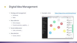 Digital Idea Management
§ Strategy and management
§ Inititatives
§ Roles
§ Idea collection
§ Intra-company
§ Crowd (customers, suppliers, ...)
§ Social collaboration
§ Likes, comments, ...
§ Idea selection
§ Scores, metrics
§ Example: viima https://app.viima.com/viima/viima/
 
